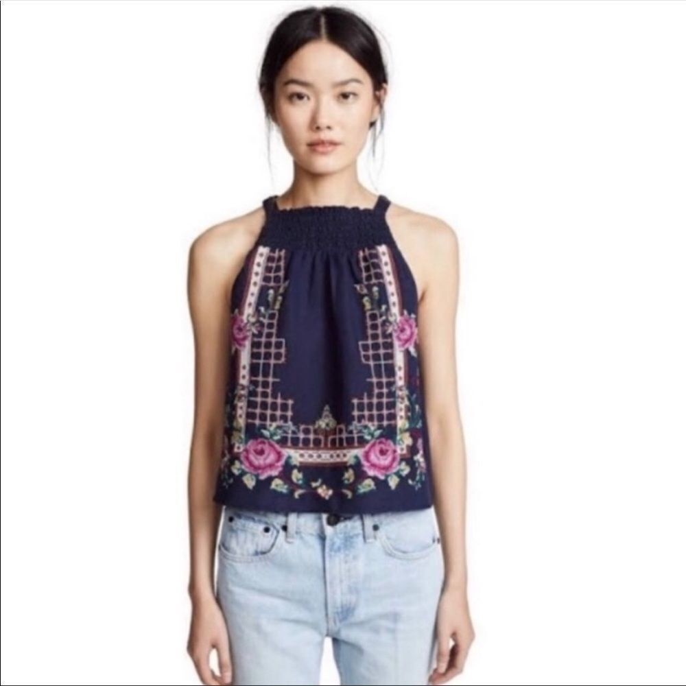 FREE PEOPLE | Honey Pie Navy Blue Cross-stitch Embroidery Tie Tank Top Women’s M